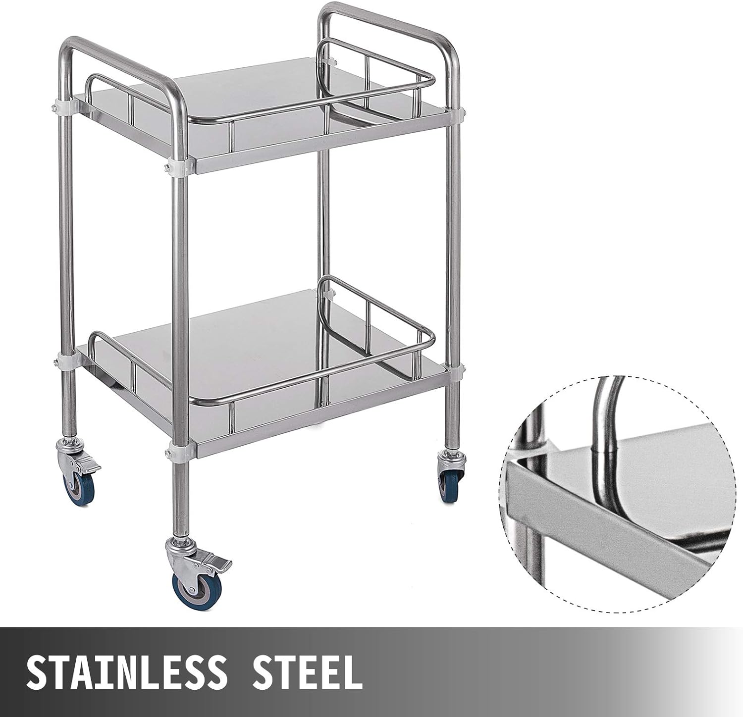 VEVOR 2-Shelf lab cart with Wheels Stainless Steel Rolling cart Lab Cart Utility Cart with high-Polish Stainless Steel 2 Lockable Whe