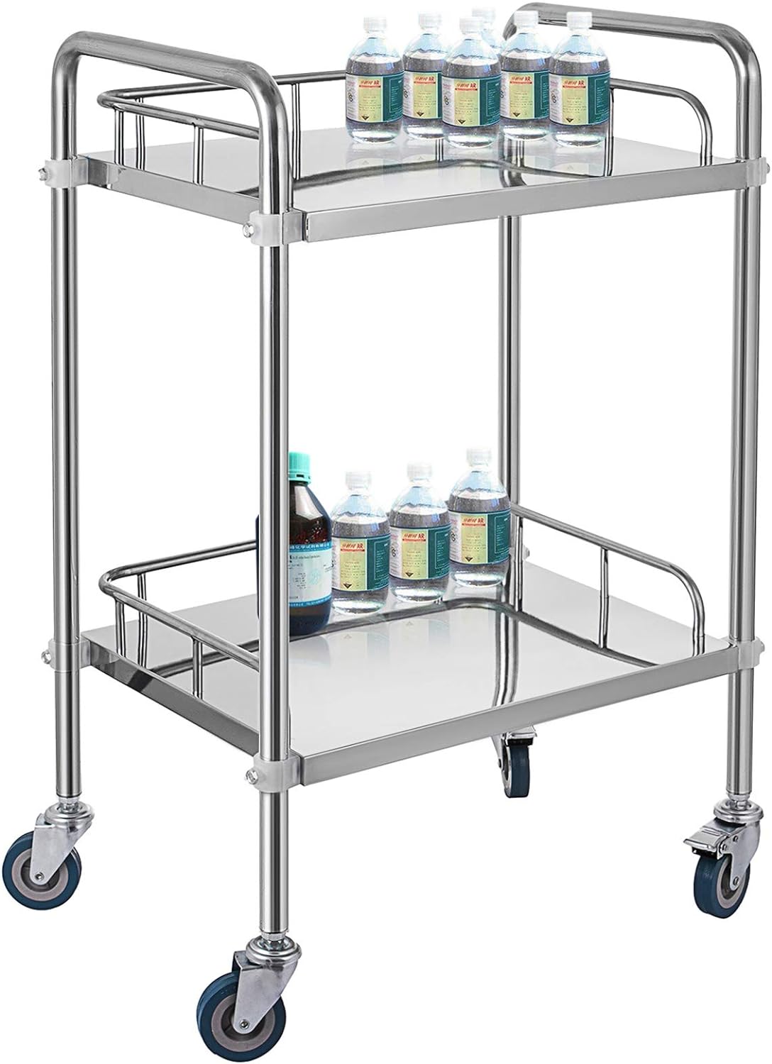 VEVOR 2-Shelf lab cart with Wheels Stainless Steel Rolling cart Lab Cart Utility Cart with high-Polish Stainless Steel 2 Lockable Whe
