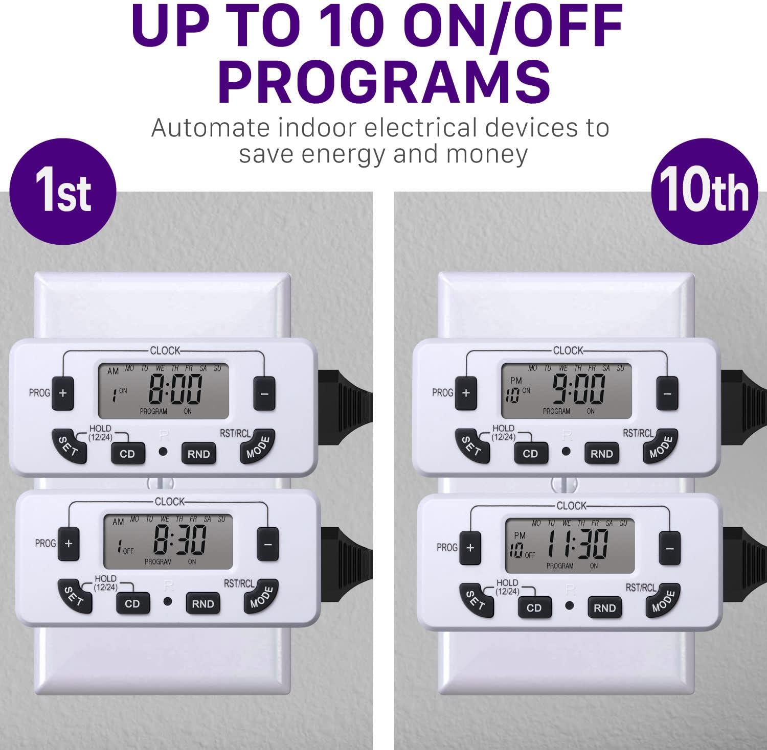 Fosmon 7 Day Programmable Digital Timer Outlet (2 Pack), Digital Light Timer with 10 ON/Off Programs, 125V/15A/1875W, Mini Indoor Sing