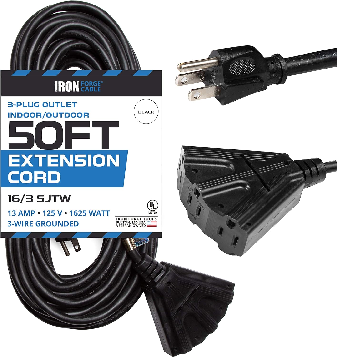 Iron Forge Cable 50 Ft Outdoor Extension Cord with 3 Electrical Power Outlets - 16/3 SJTW Durable Black Cable