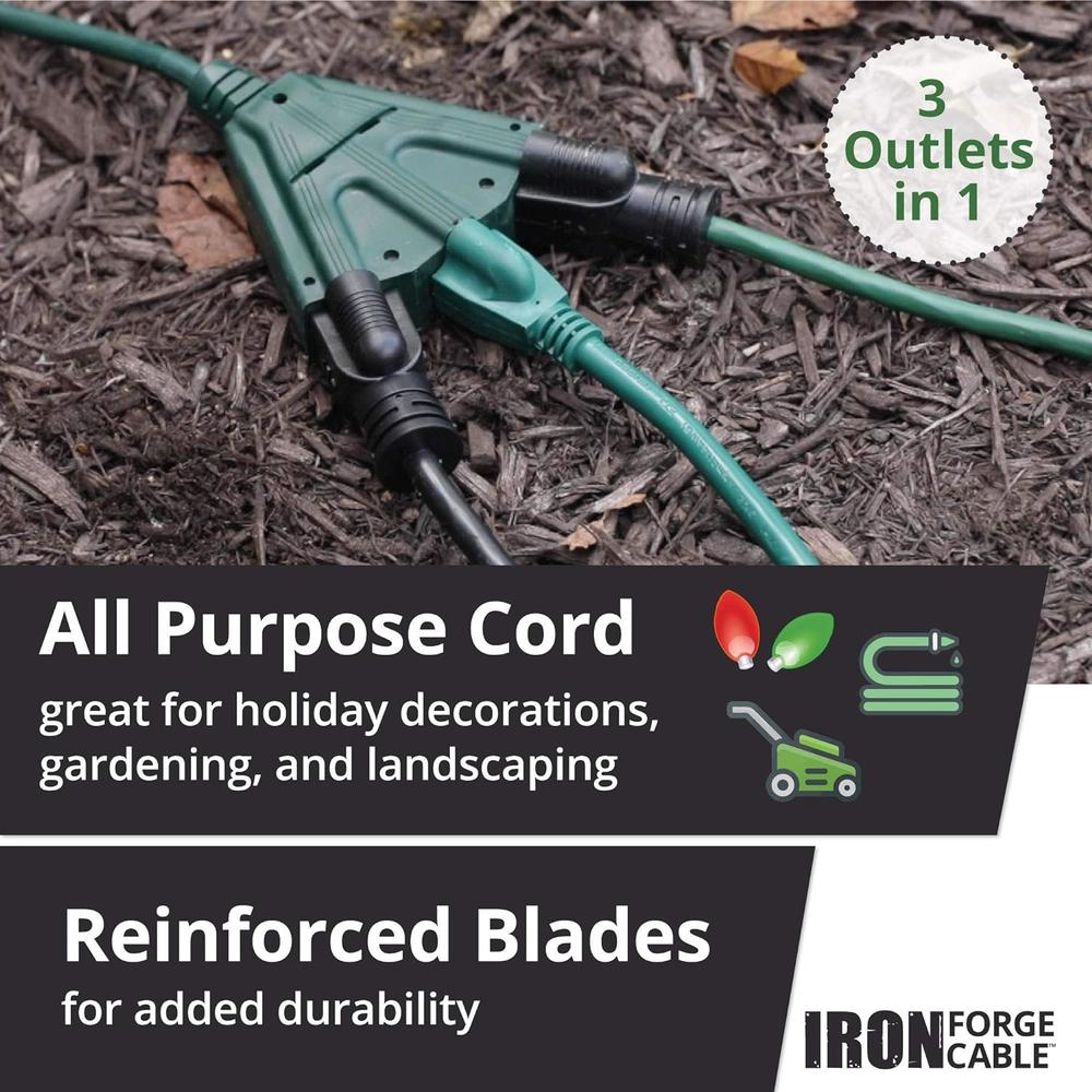 Iron Forge Cable 50 Foot Outdoor Extension Cord with 3 Electrical Power Outlets - 16/3 SJTW Durable Green Cable with 3 Prong Grounded Plug for S