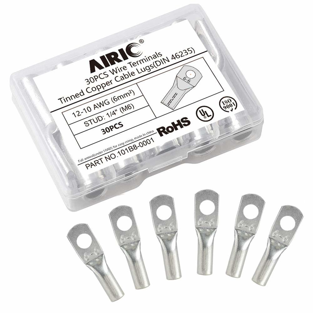 Generic AIRIC 12-10 Gauge Wire Lugs 1/4" Stud (M6) 30pcs UL Heavy Duty Battery Cable Lugs 12-10 AWG 1/4" Stud Cable Ends Tinn