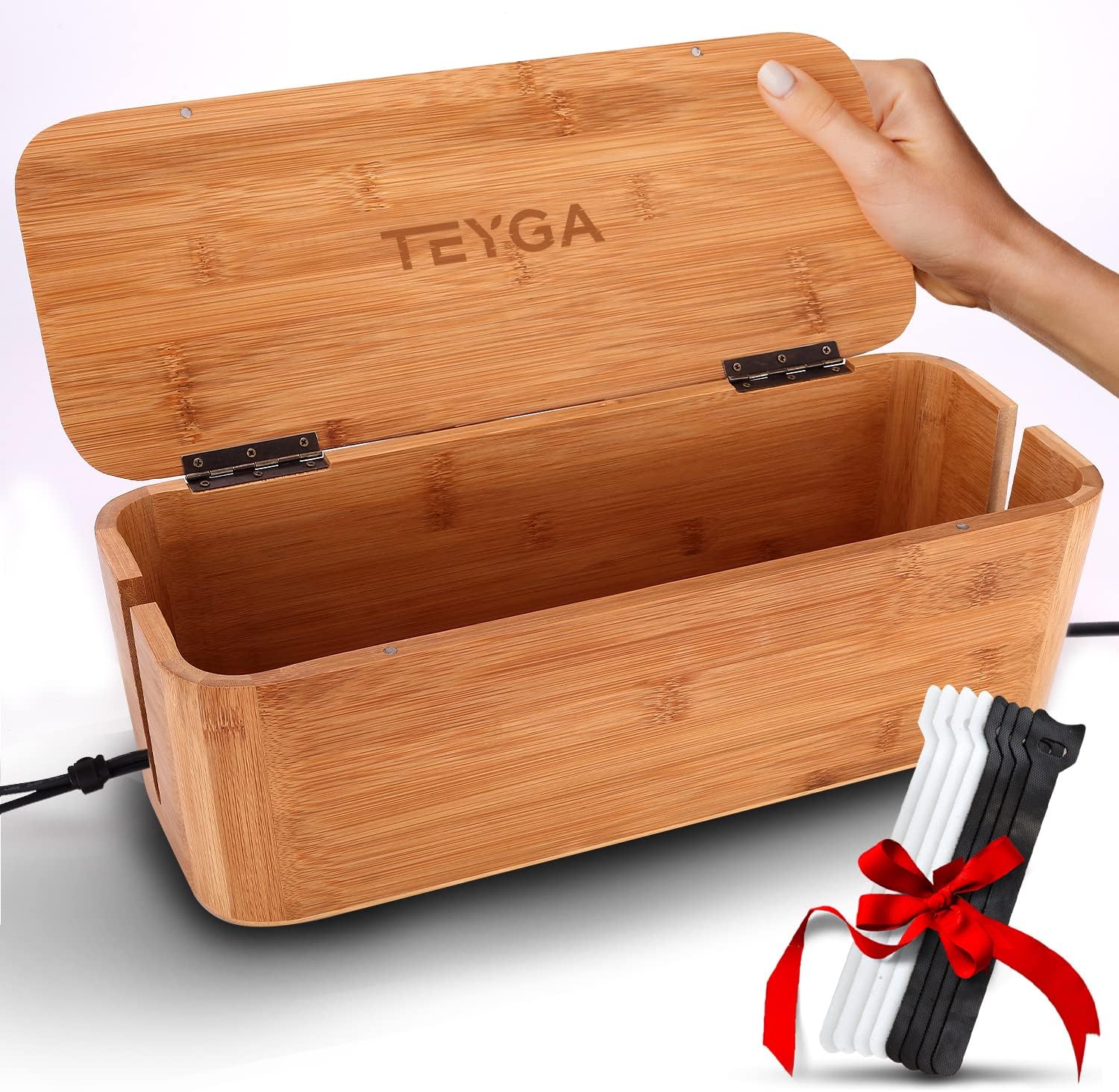 TEYGA Premium - Bamboo Large Cable Management Box - Under Desk Cord Organizer Box, Cable Organizer Box, Cord Hider Box, Cable Box Org