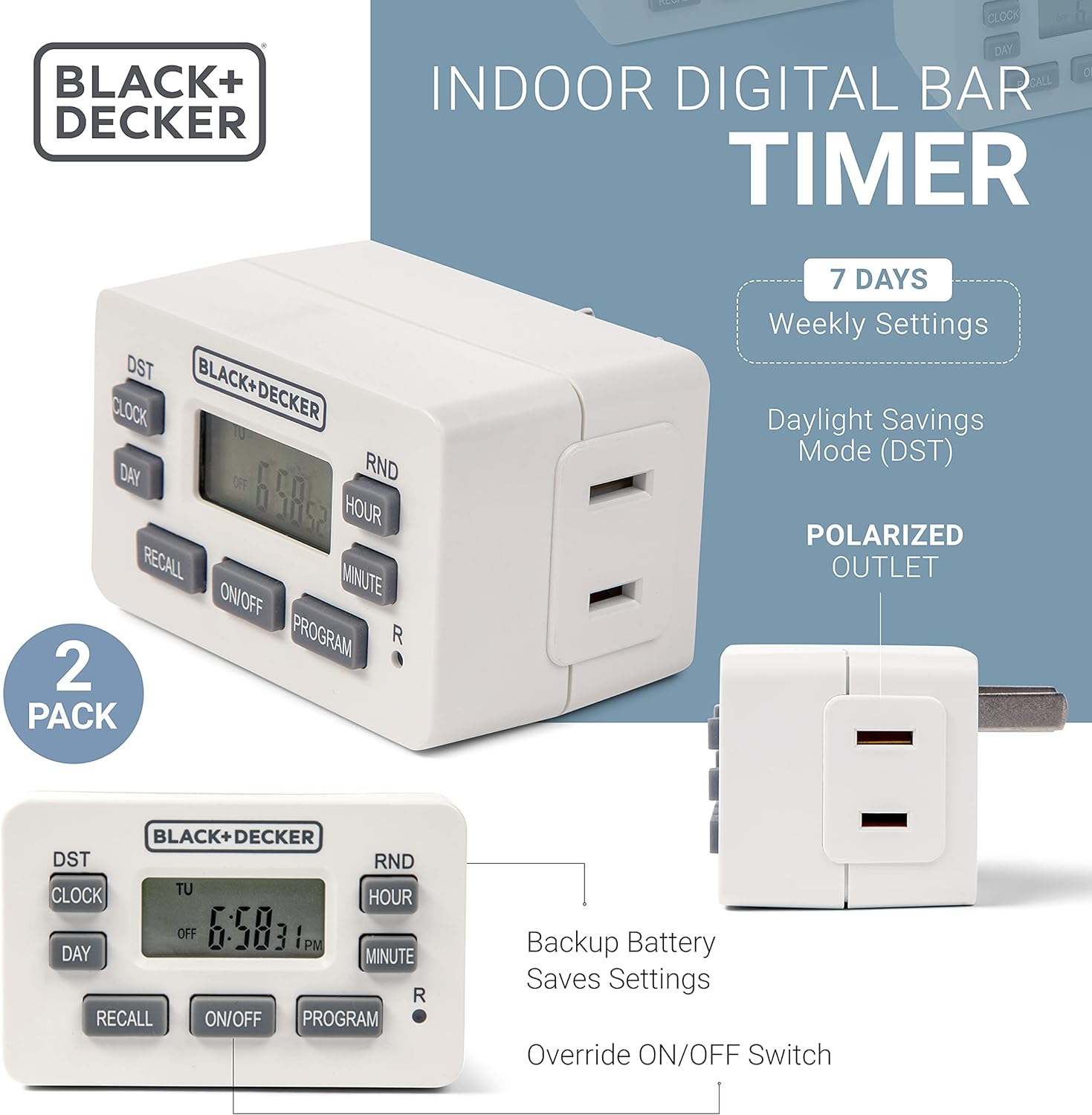 BLACK+DECKER Light Timers, Programmable, Indoor, 2 Pack, with Polarized Outlet - Compact Digital Timer Outlet with Daylight Savings Mode, 7-