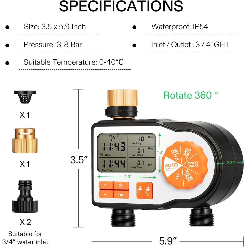 VIVOSUN Sprinkler Timer, Digital Programmable Watering Timer / Hose Timer with 2 Independent Outlets for Outdoor Faucets, Drip Irrigati