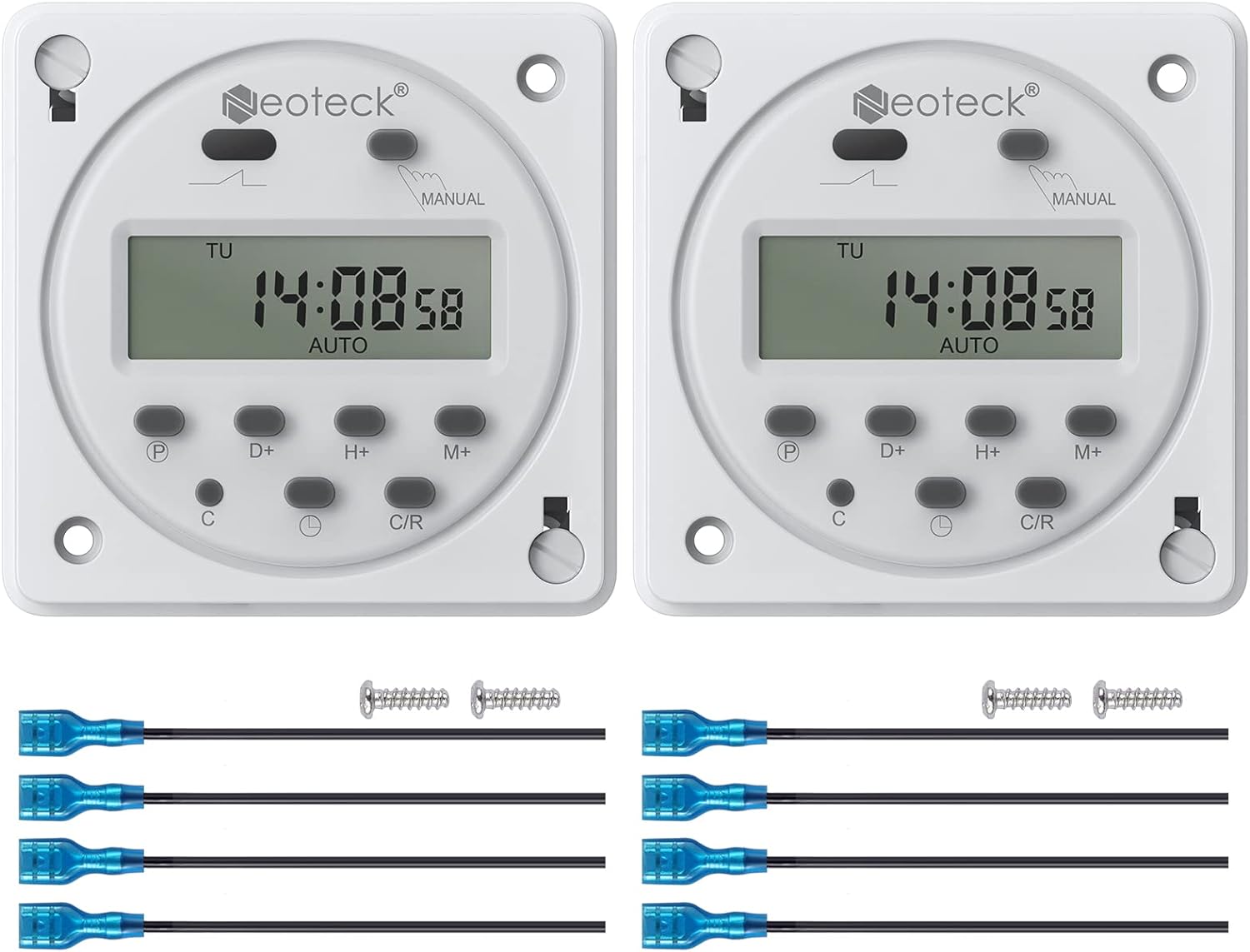 Neoteck 2PCs DC 12V Timer Switch 16A Digital Electronic LCD Time Relay Switch Programmable Timer with Wire Connectors Waterproof Cover
