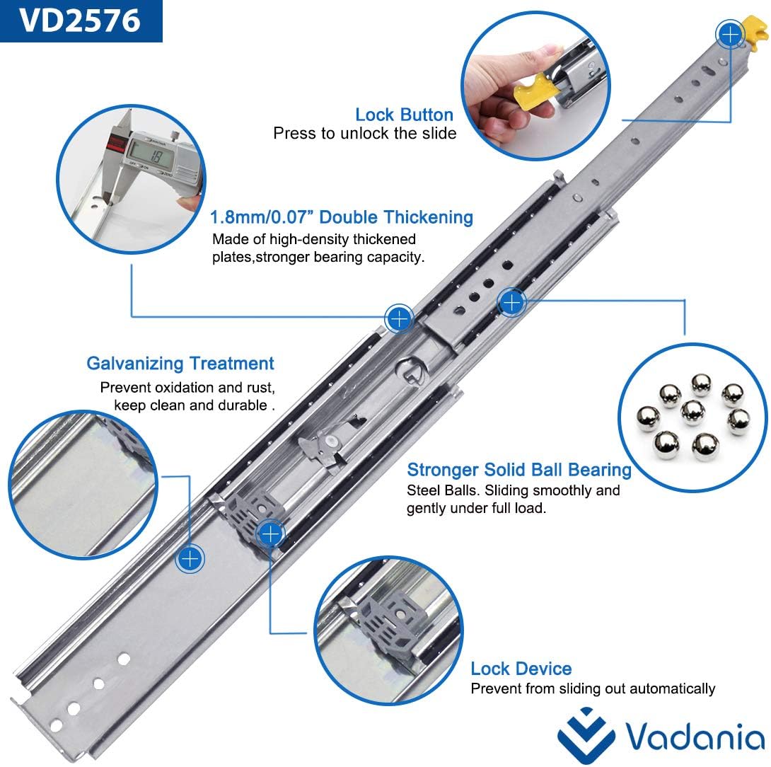 VADANIA 28" Industrial Grade Heavy Duty Drawer Slide with Lock #VD2576, 3" Widening Up to 432lb Load Capacity, 3-Fold Full Ex