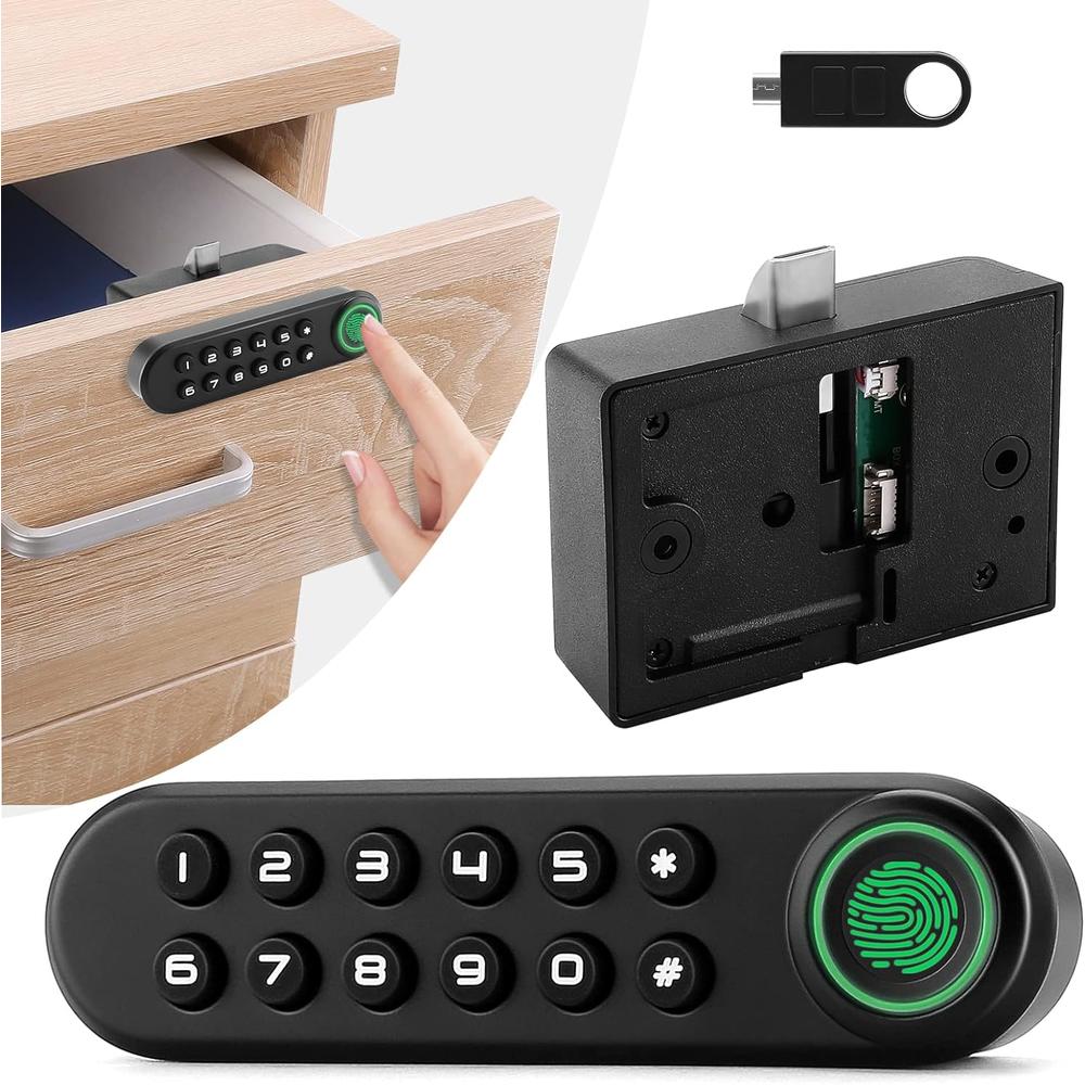 Mypin Fingerprint Cabinet Lock, Smart Biometric Cabinet Password Lock with USB Key, Keyless Hidden File Drawer Wardrobe Lock, Child S