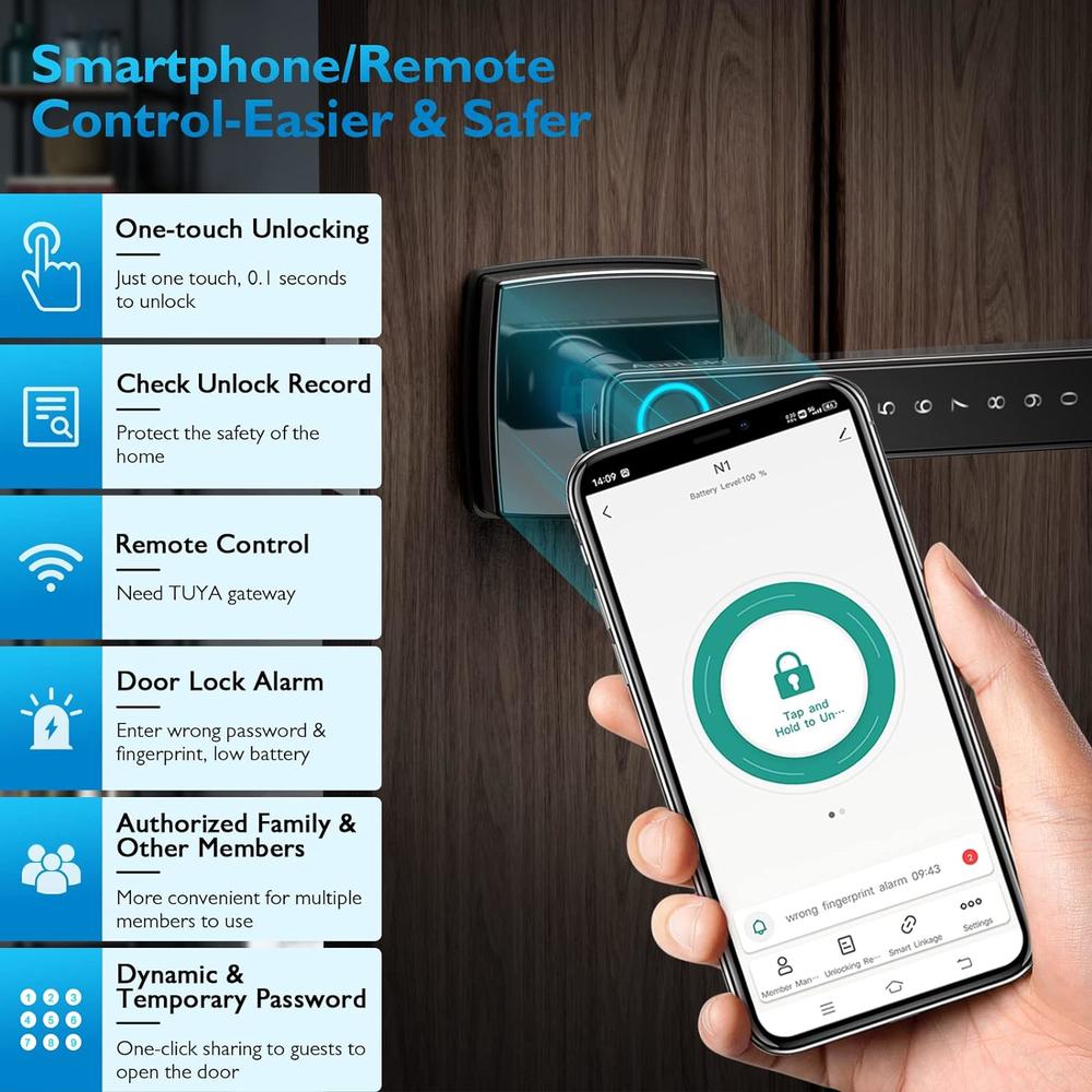AppLoki Fingerprint Door Lock, Keyless Entry Door Lock with Bluetooth, Touchscreen Keypad Deadbolt Lock with Reversible Handle, App Con