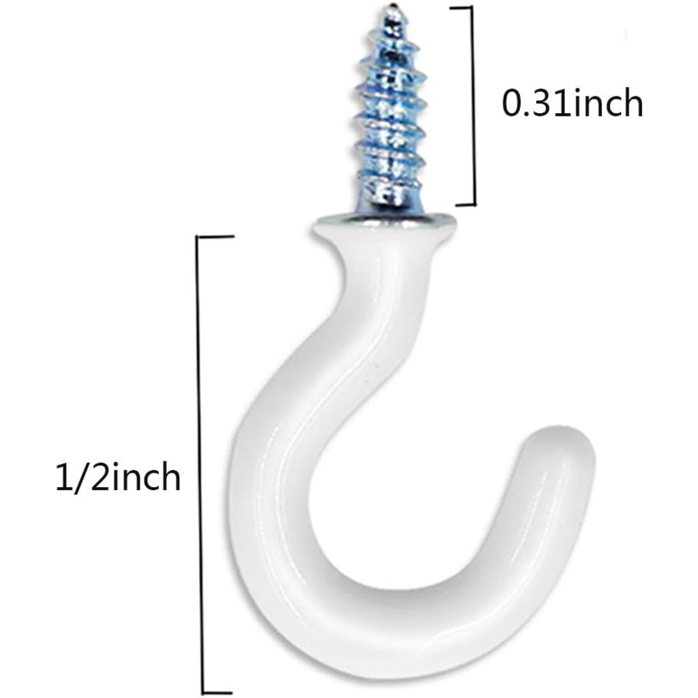 TUOREN PHITUODA 50Pcs 1/2-Inch Cup Hooks Ceiling Hooks, Plastic-Covered Metal Screw-in Hooks, White