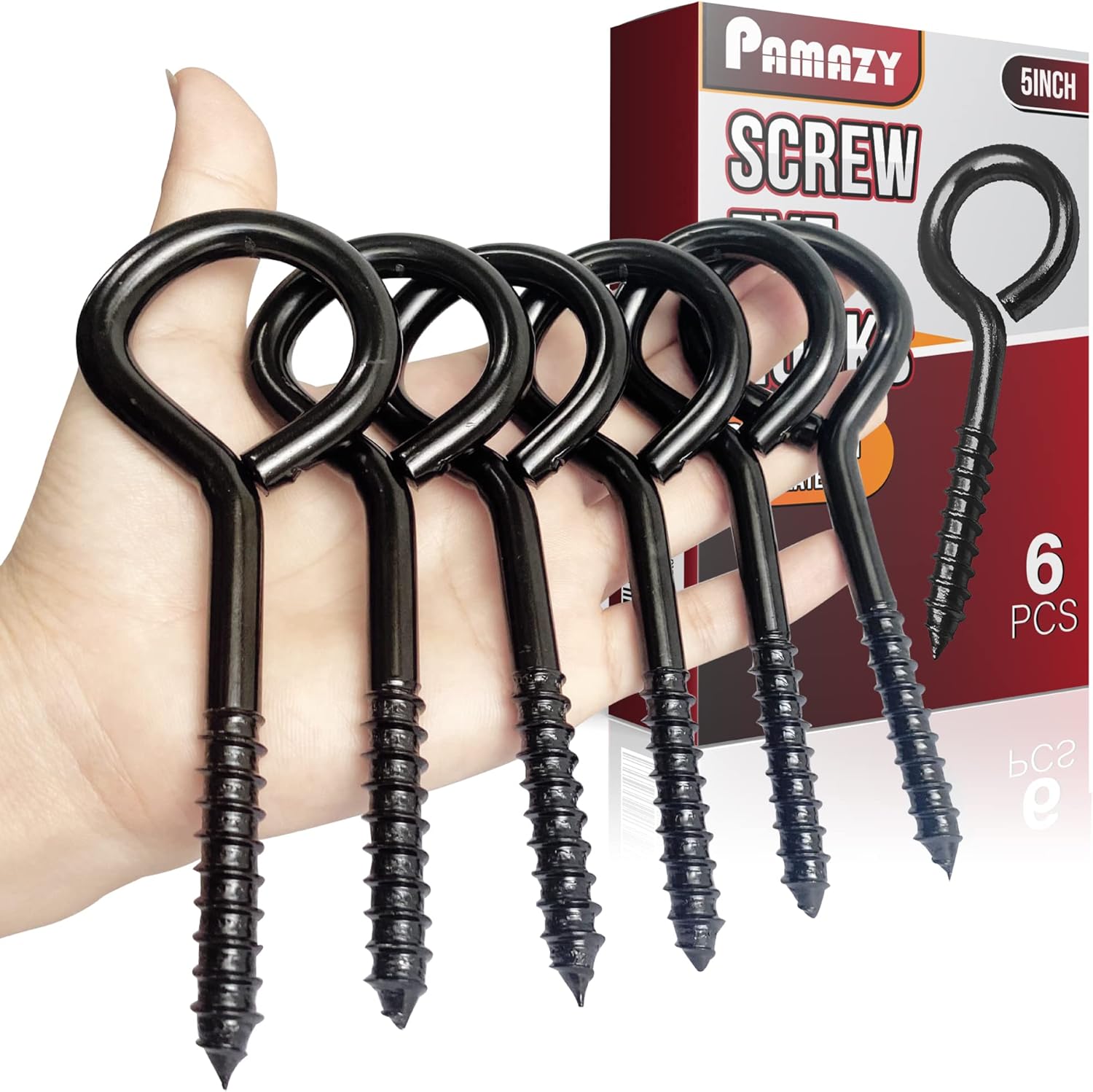 PAMAZY 5Inch Premium Heavy Duty Black Screw Eyes Hook, 6PCS Self
