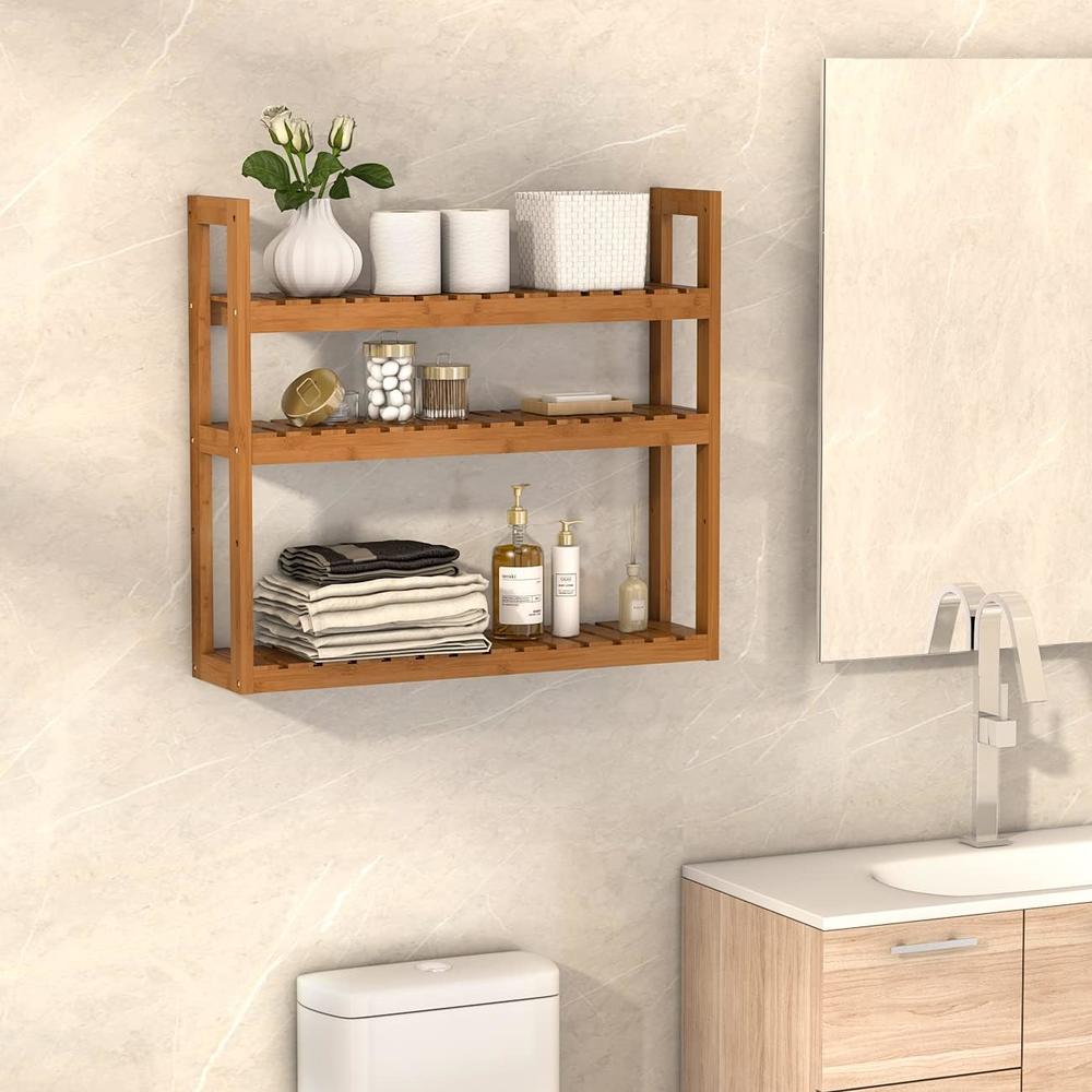 domax Bamboo Bathroom Shelf 3-Tier Wall Mount Storage Rack Multifunctional Adjustable Layer Free Standing Over Toilet Utility Shelves