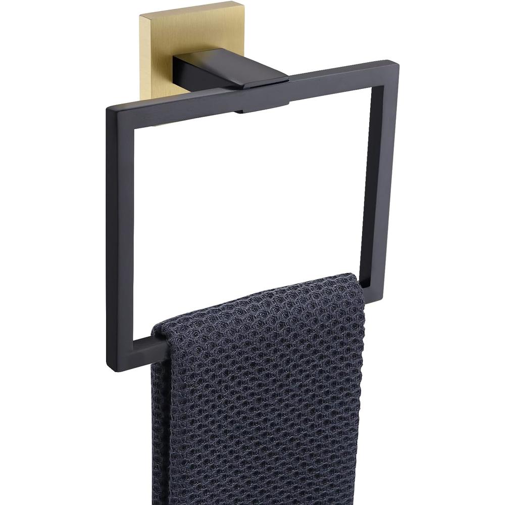 TQKAG Black and Gold Towel Ring Bathroom Hand Towel Holder Stainless Steel Square Towel Bar Hangers Wall Mounted