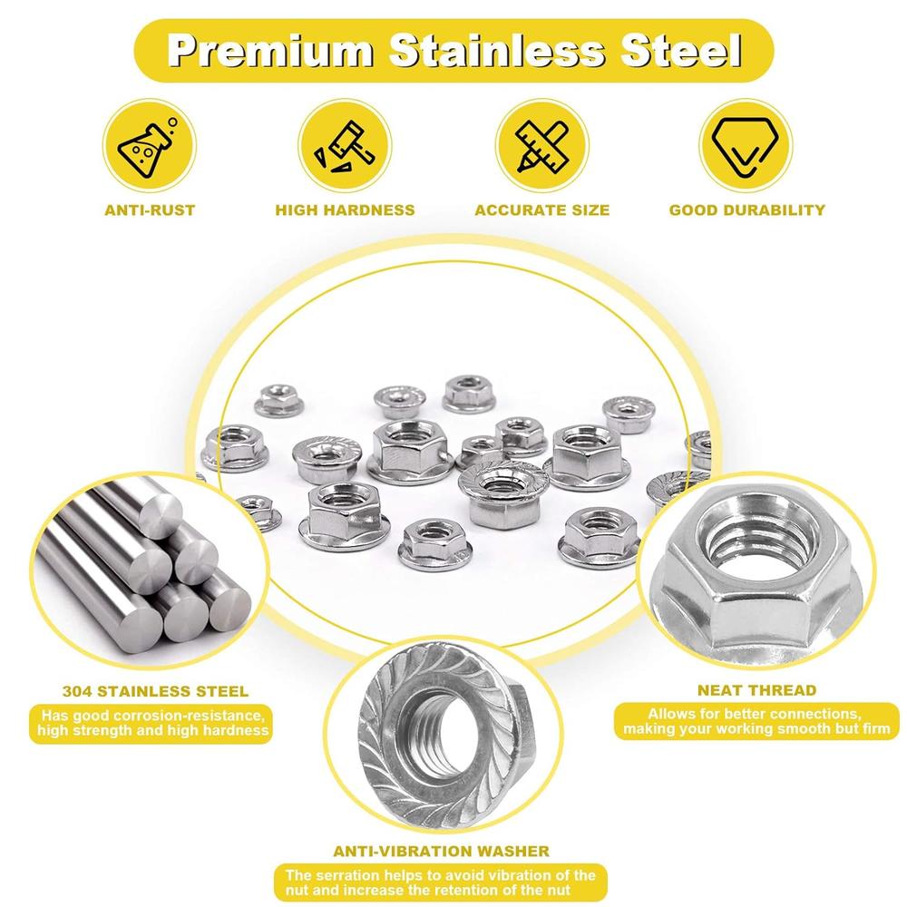 Generic Mardatt 100pcs 6 Sizes SAE 304 Stainless Steel Serrated Hex Flange Nuts Assortment Kit 1/4-20 5/16-18 3/8-16 10-24 8-32 6-32