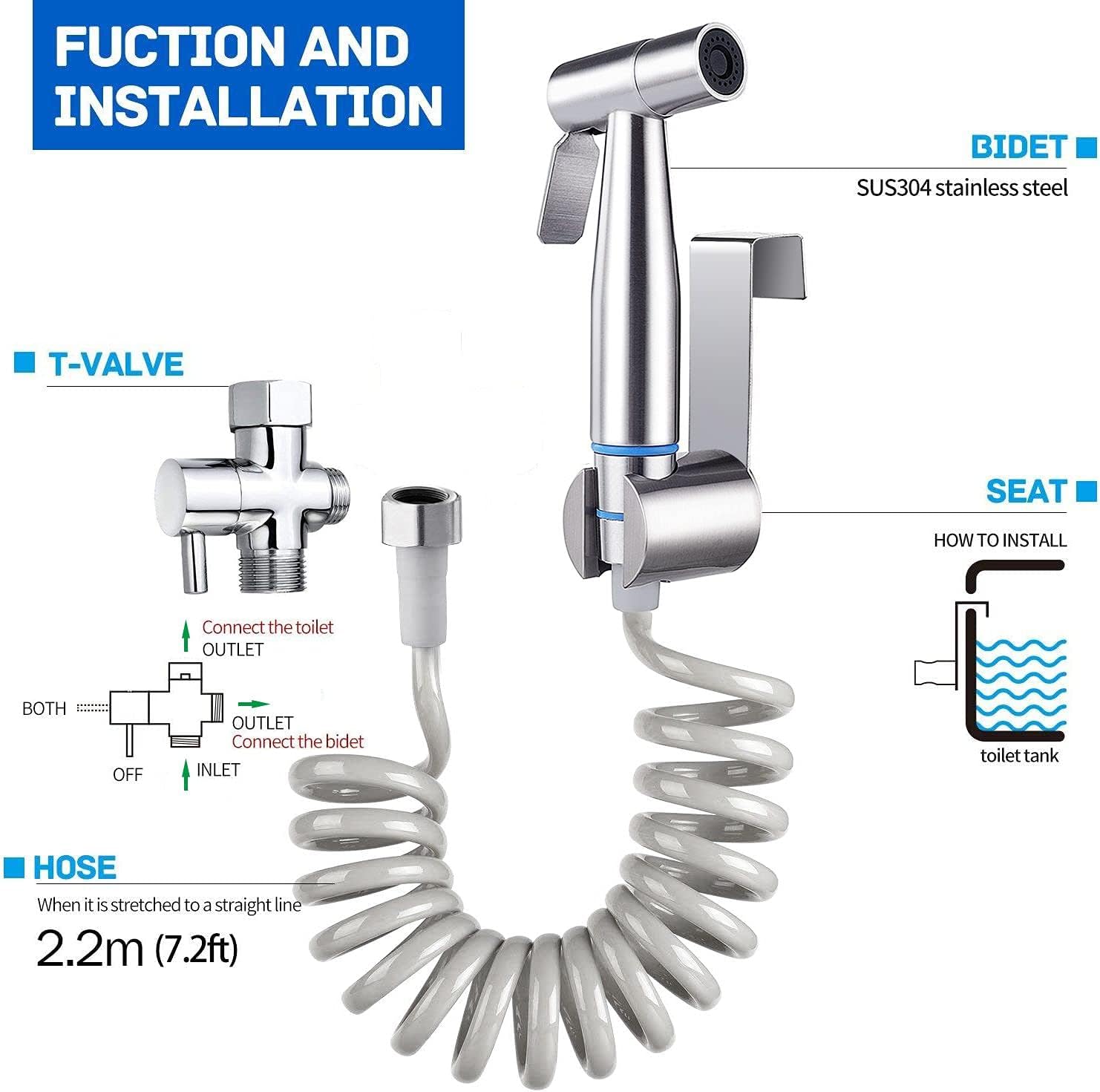 TURLEE Handheld Bidet Sprayer for Toilet -Brass T-valve Adapter, Sprayer Adjustable Water Pressure Control with Bidet Retractable Spri