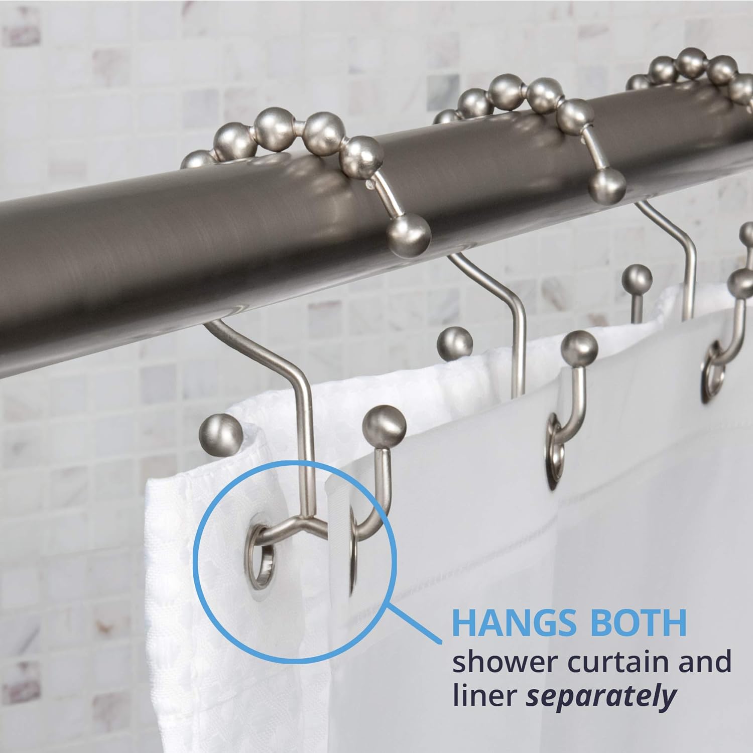 Maytex Curtain Rings, Rust-Resistant Metal Double Roller Glide Hooks for Bathroom Shower, Set of 12, Brushed Nickel