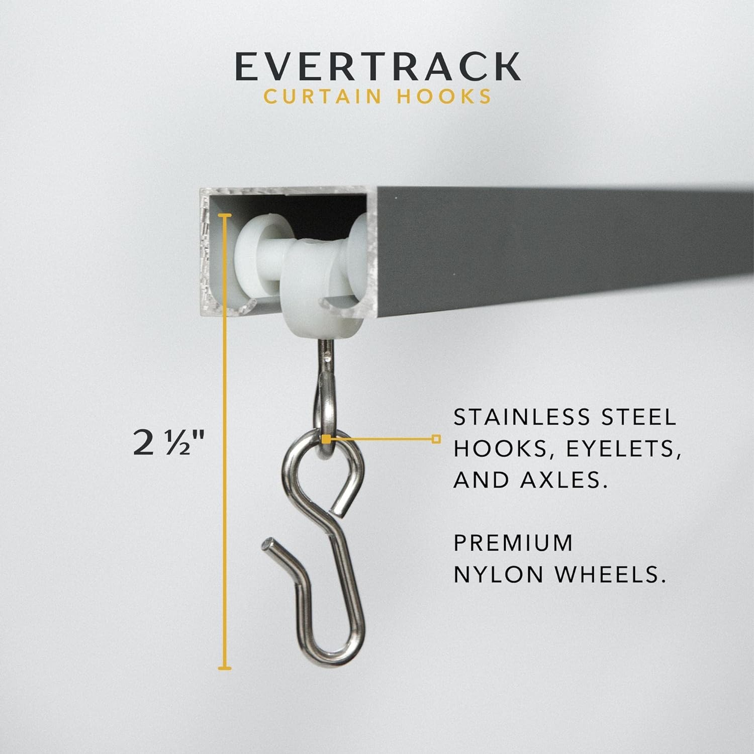 EverTrack Curtain Hooks - Roller Carriers for Ceiling Mounted Curtain Track with Hooks for Curtains, Drapes, and Room Dividers - Pack of