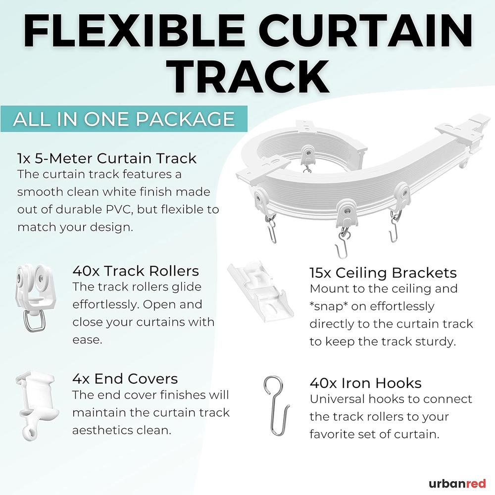 UrbanRed Flexible Bendable Ceiling Curtain Track, 5 Meters (16.4FT), Ceiling Track Ceiling Mount for Curtain Rail with Track Curtain Sys