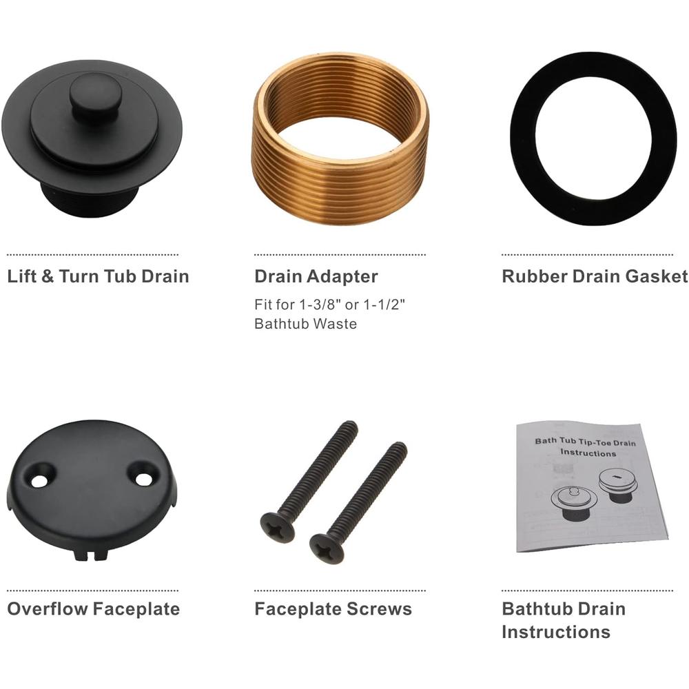 Wellup Black Bathtub Tub Drain Conversion Kit Assembly, Wellup Lift and Turn Twist Tub Drain Trim Kit with Two-Hole Overflow Faceplate