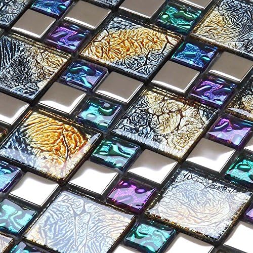 hominter 6-Sheets Multi Colored Backsplash Tile, Silver Coated Glass Mosaic Tiles, Clear Glossy Crystal Kitchen Tiles, Perfect for Bathr