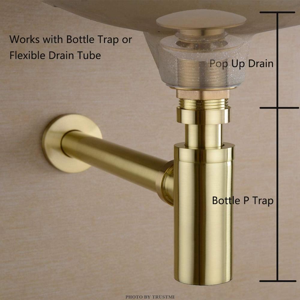 TRUSTMI Brass Pop Up Bathroom Sink Drain Strainer Stopper no Overflow Hole Kitchen Basin Sink Bottle Trap Drainer, Brushed Gold