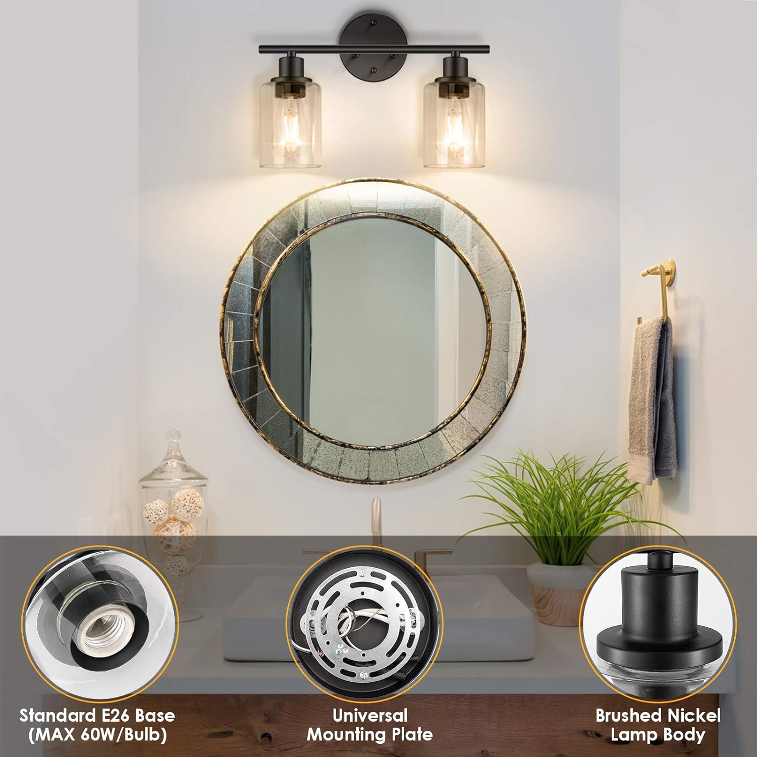 FOLKSMATE Bathroom Light Fixtures, 2 Light Matte Black Vanity Light, Vintage Wall Sconces Lighting, Modern Bath Wall Mounted Lights with