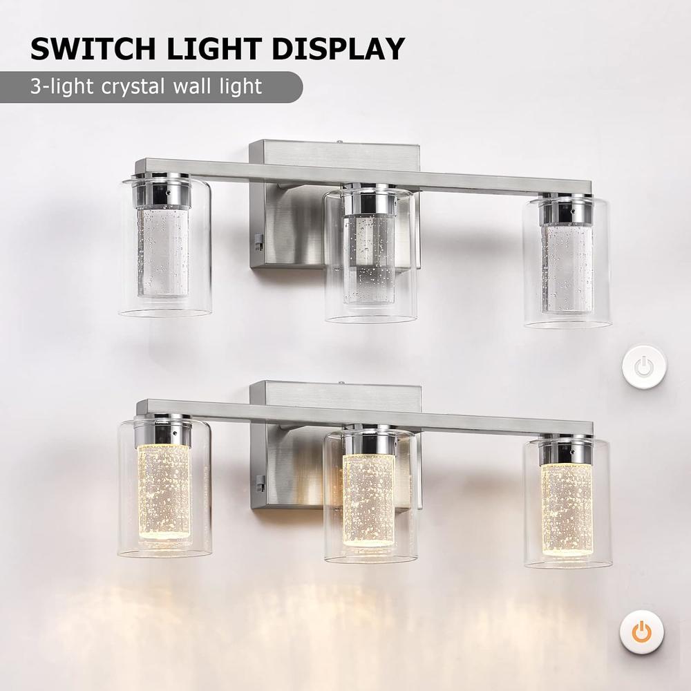SADENICEL Brushed Nickel Vanity Lights, 3-Light Bathroom Light Fixtures, Crystal LED Bathroom Lights Dimmable White/Neutral/Warm Light wi