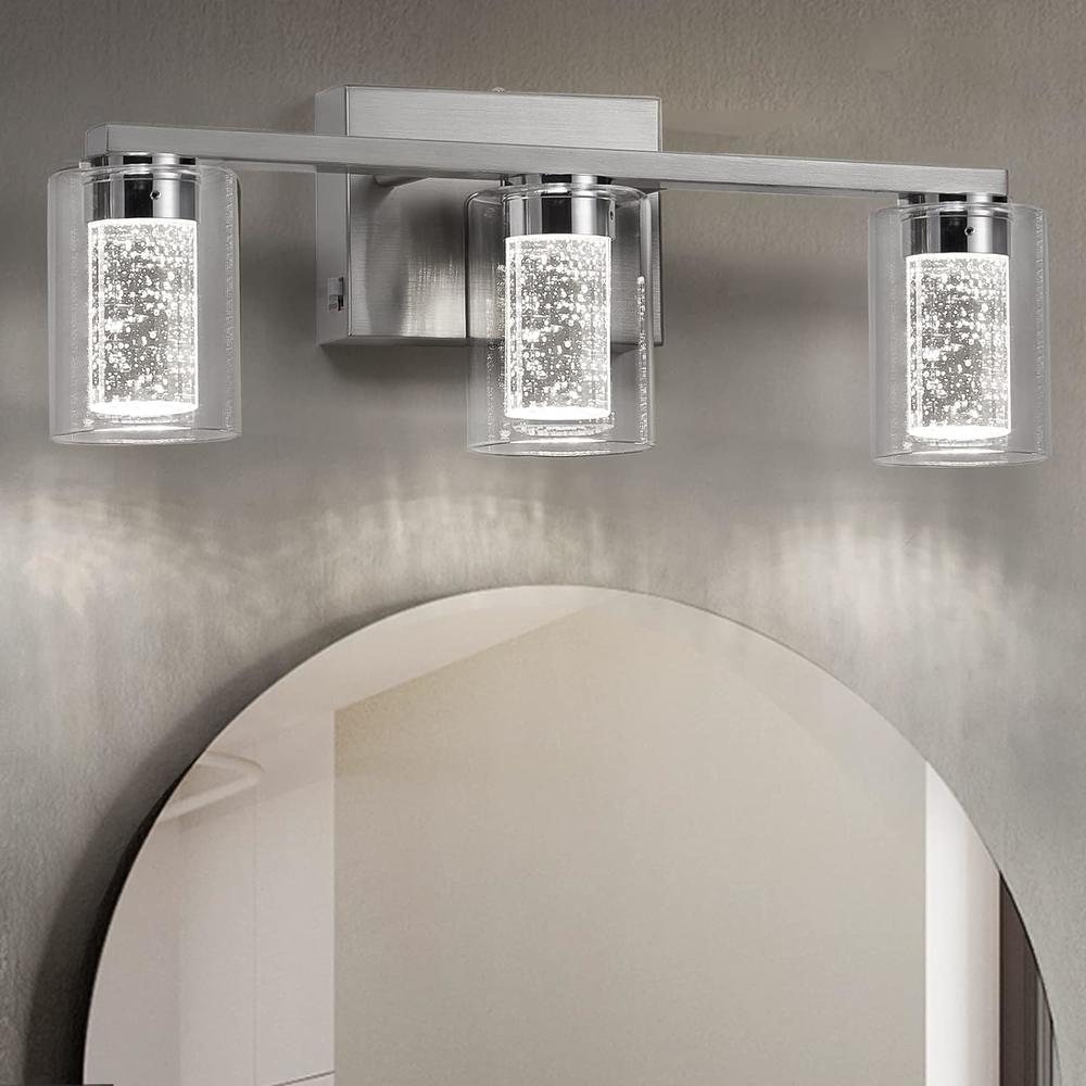 SADENICEL Brushed Nickel Vanity Lights, 3-Light Bathroom Light Fixtures, Crystal LED Bathroom Lights Dimmable White/Neutral/Warm Light wi