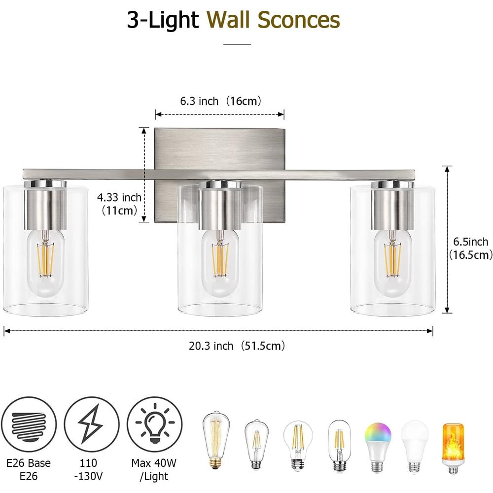 DRNANLIT 3-Light Vanity Light, Brushed Nickel Bathroom Lighting Fixtures Over Mirror, Modern Metal Wall Lights for Hallway Kitchen Bedro
