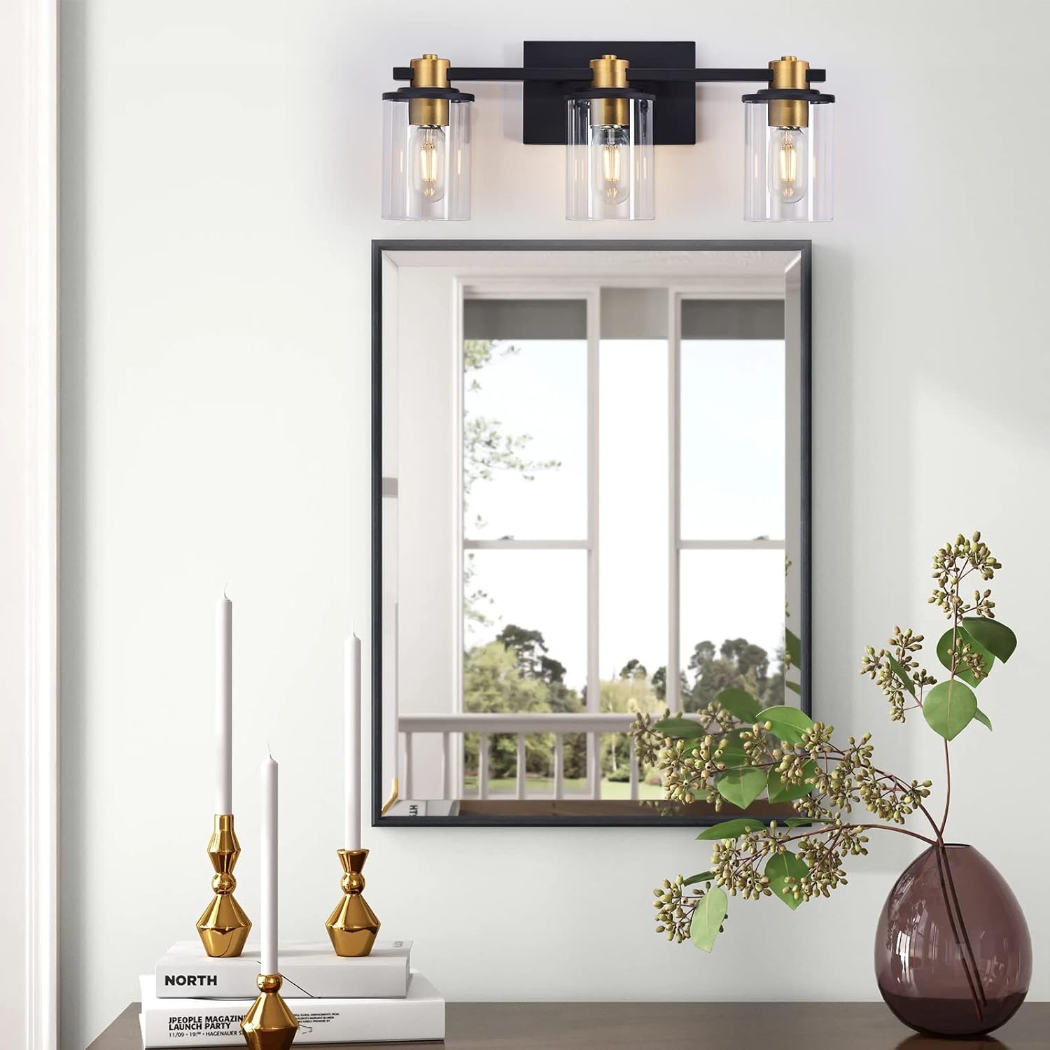 Atocif 3 Light Bathroom Vanity Light Fixtures, Black and Gold Vanity Light Above Mirror with Clear Glass Shade, Modern Wall Sconce Bla