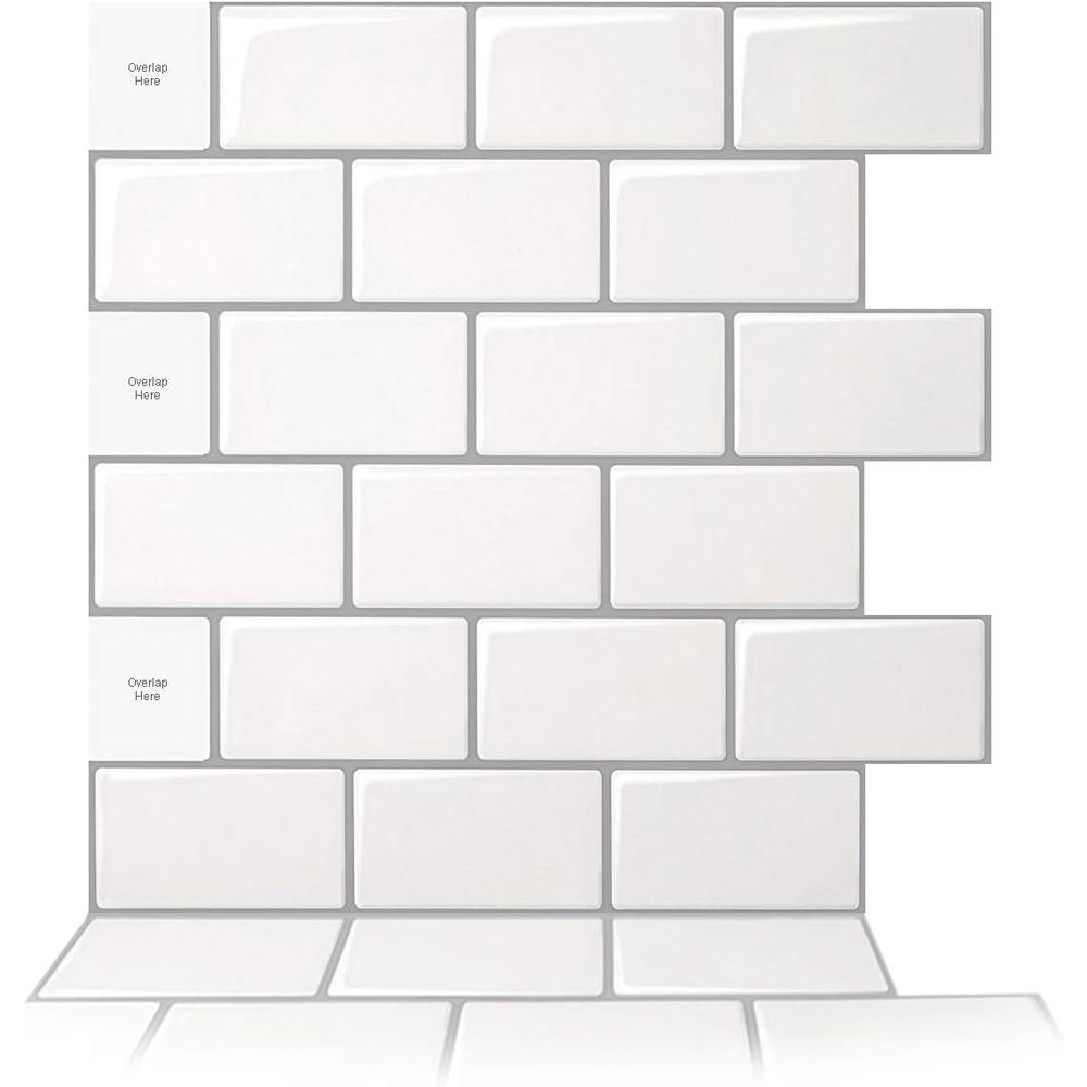 Art3d 10-Sheet Peel and Stick Backsplash, 12 in. x 12 in. Subway 3D Wall Panels, Mono White with Gray Grout