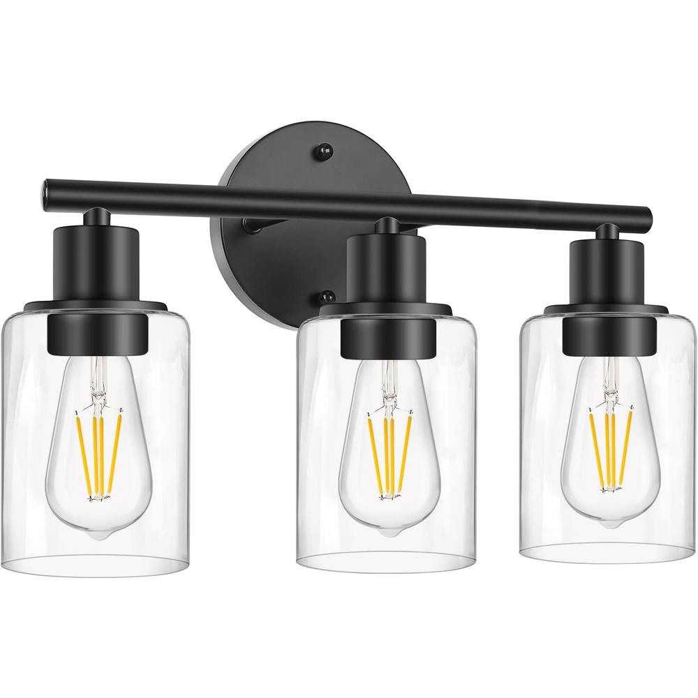 Zarbitta 3-Light Bathroom Light Fixtures, Black Bathroom Wall Lights, Modern Bathroom Vanity Light with Clear Glass Shade, Bathroom Wall