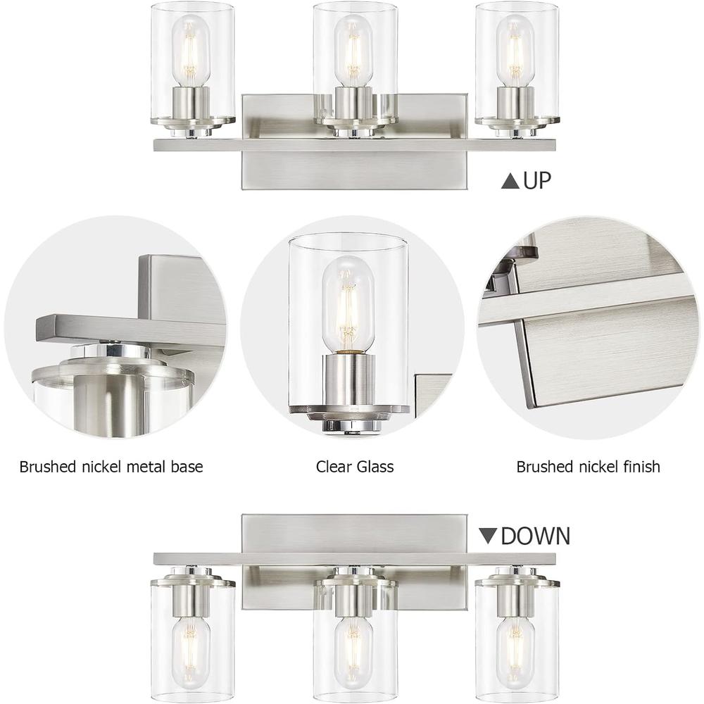 SADENICEL Brushed Nickel Bathroom Vanity Light, 3-Light Metal Wall Sconce Fixtures for Bathroom Lighting (Brushed Nickel, 3 Light)