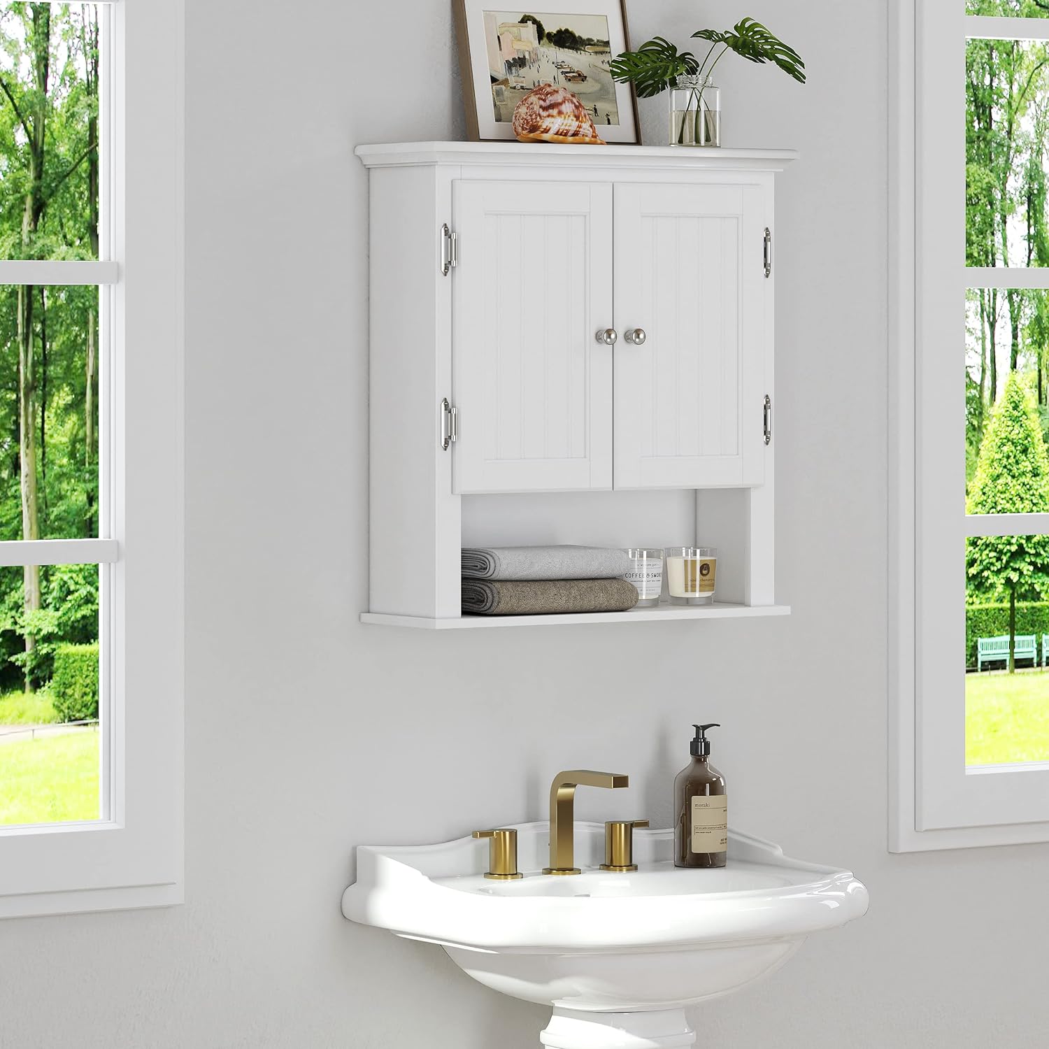 Utex Bathroom Cabinet Wall Mounted, Wood Hanging Cabinet, Wall Cabinets with Doors and Shelves Over The Toilet for Bathroom,White