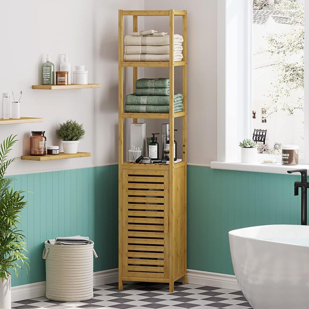 Viagdo Bathroom Storage Cabinet, Tall Slim Cabinet with Shutter Door and 3 Tier Shelves, Freestanding Linen Tower Cabinet for Living R