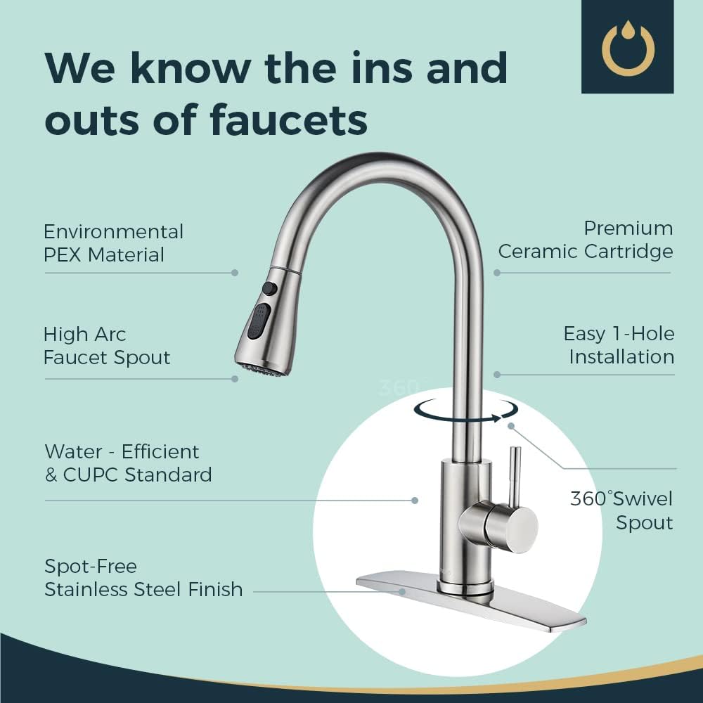 Forious Kitchen Faucet with Pull Down Sprayer Brushed Nickel, High Arc Single Handle Kitchen Sink Faucet with Deck Plate, Commercial Mo