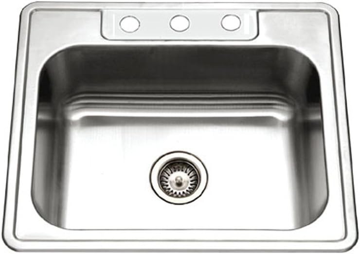 Houzer 2522-8BS3-1 Glowtone Series Topmount Stainless Steel 3-hole Single Bowl Kitchen Sink, 8-Inch depth, 20-Gauge, Chrome, Mo