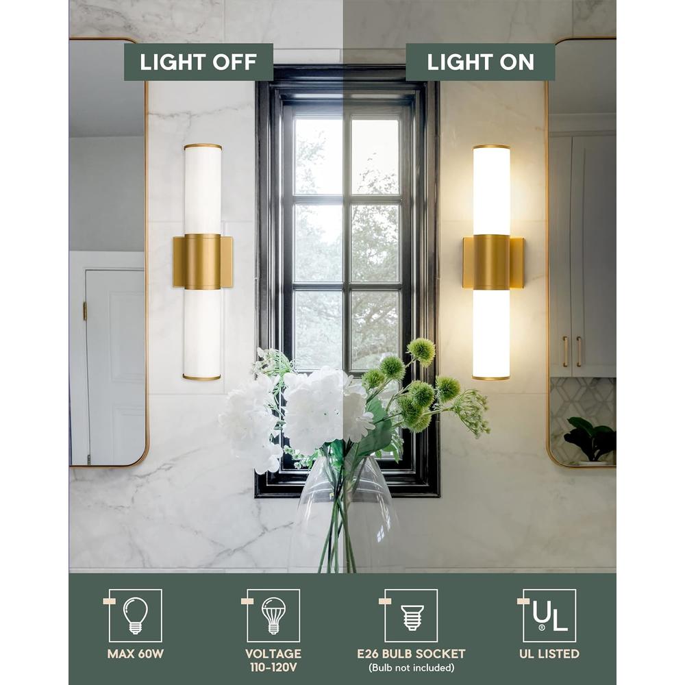 METWET Bathroom Vanity Light Fixtures, Gold Wall Lights in Milk Glass Indoor Wall Sconce, Modern Wall Light Up and Down Wall Mount Lam