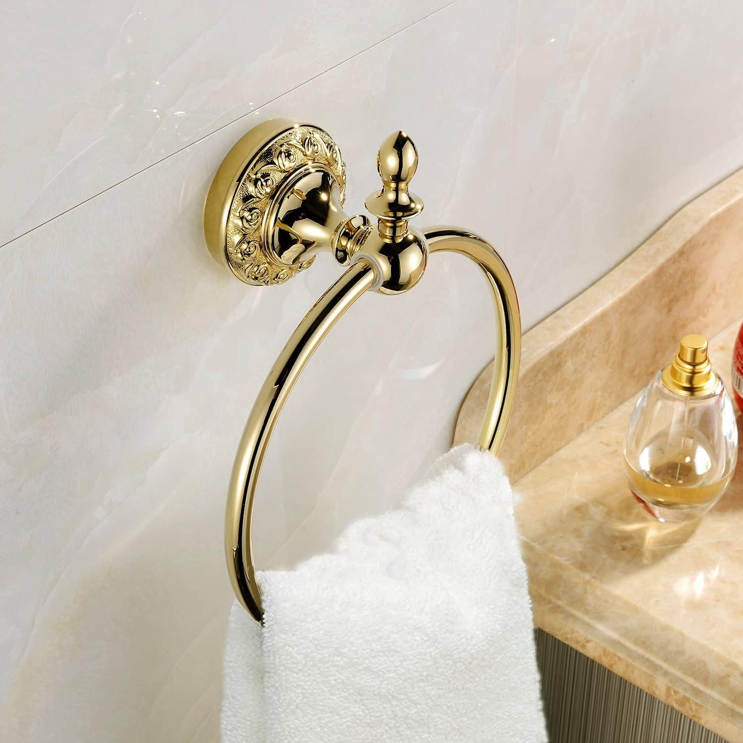Leyden Polished Gold Towel Ring, Bathroom Hand Towel Holder Wall Mounted Gold Towel Rack Round