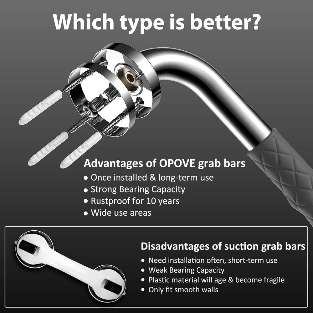 OPOVE 16-inch 2-Pack Grab Bars for Bathtubs and Showers, Gray Anti-Slip Shower Handle for Elderly, Senior, Handicap and Pregnan