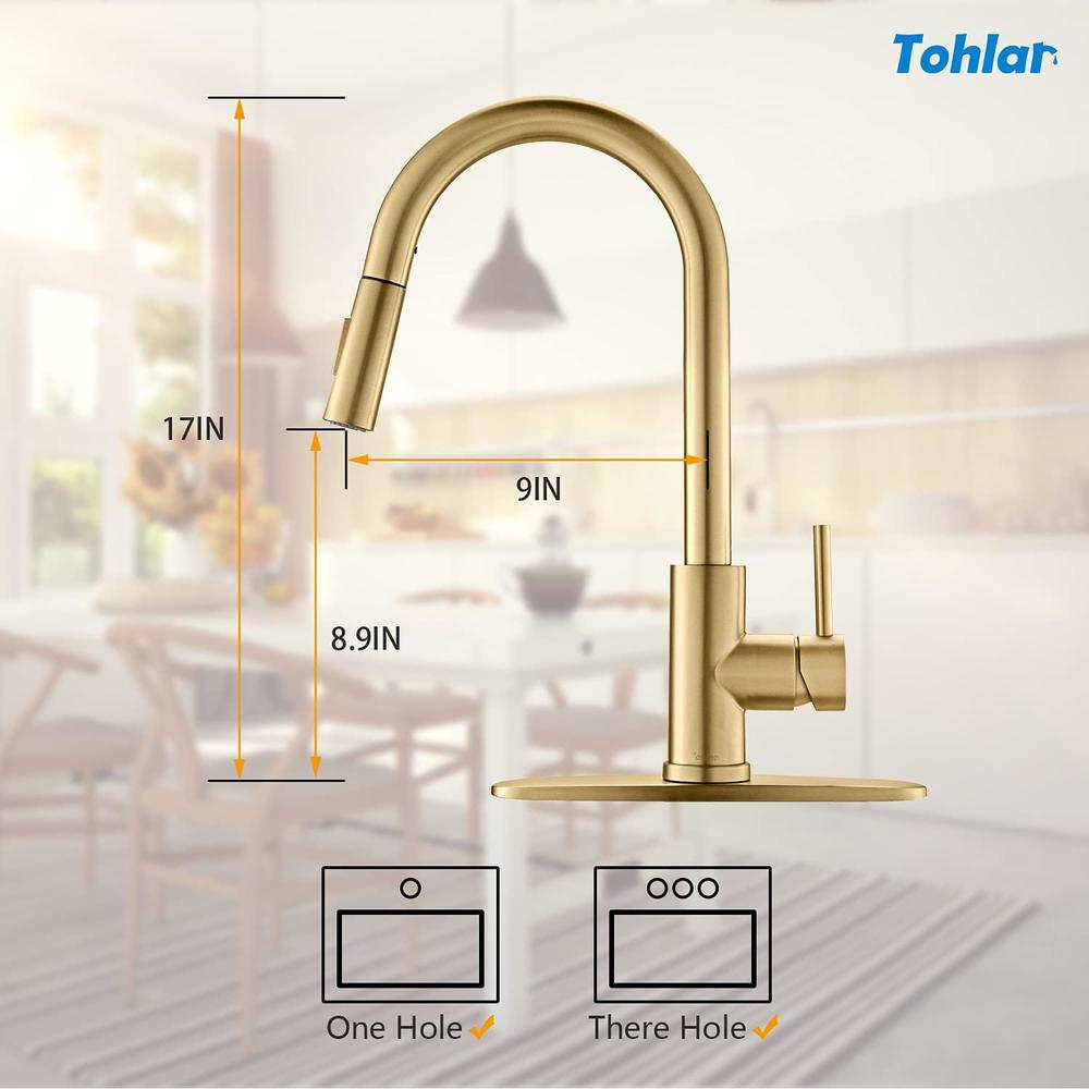 Tohlar Gold Kitchen Faucets with Pull-Down Sprayer, Modern Kitchen Sink Faucet Stainless Steel Single Handle Kitchen Faucet with Deck