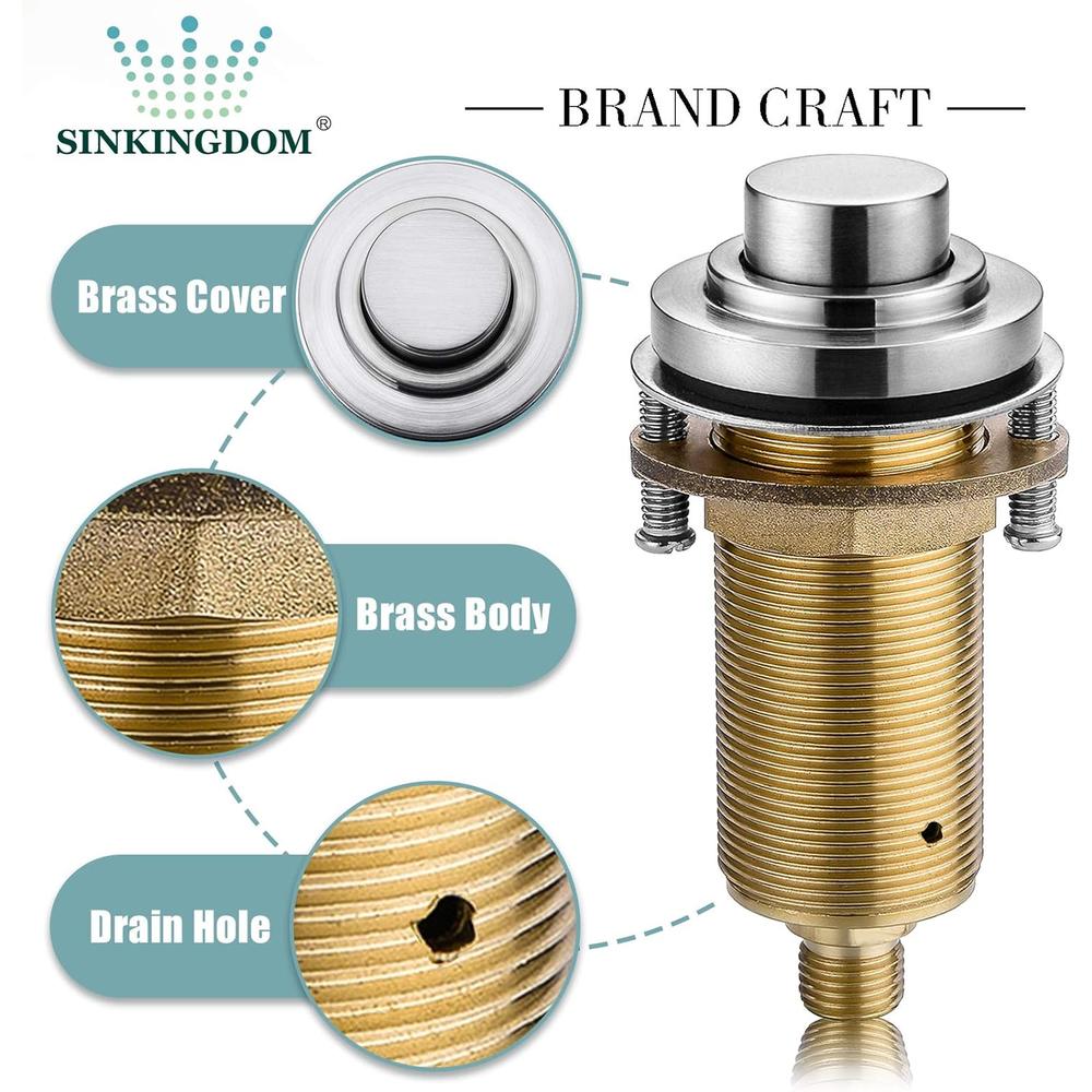 SINKINGDOM SinkTop Air Switch Kit with Brushed Nickel Long Button (Full Brass) for Garbage Disposal, Single Outlet