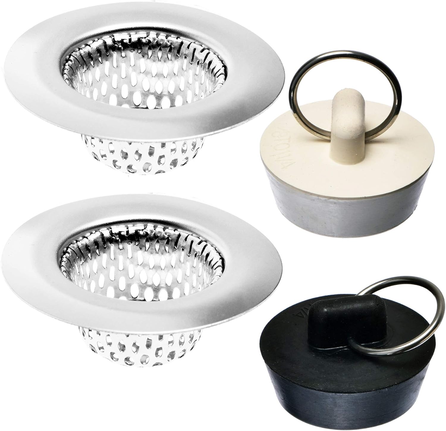 Hilltop Products Inc 4 Pack - Bathroom Sink Strainers and Stopper Plug Combo - 2.125" Top / 1" Basket, Stainless Steel Strainers and Rubbe