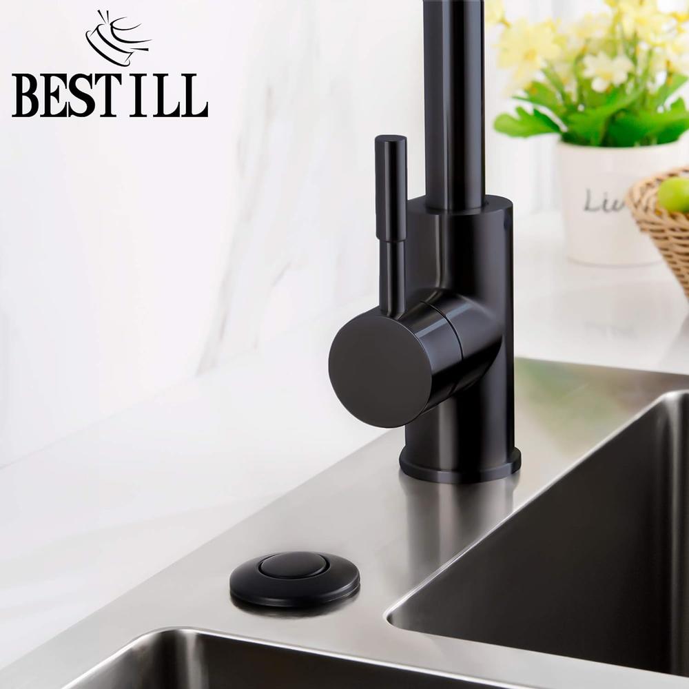 BeStill Garbage Disposal Sink Top Air Switch Kit with Single Outlet, Matte Black (Long Push Button with Brass Cover)
