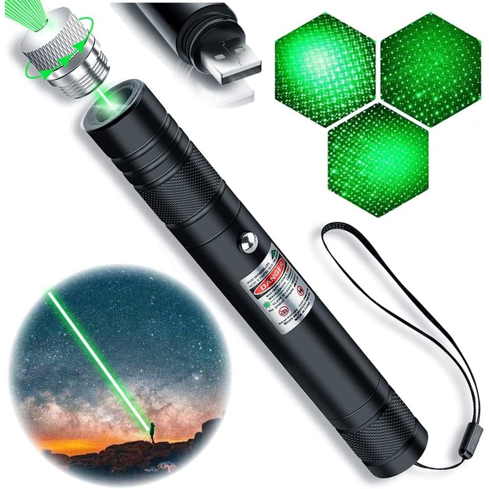 Cyahvtl Green Laser Pointer, 2000 Metres Long Range High Power Flashlight, Rechargeable Pointer for USB, with Star Cap Adjustable Focus