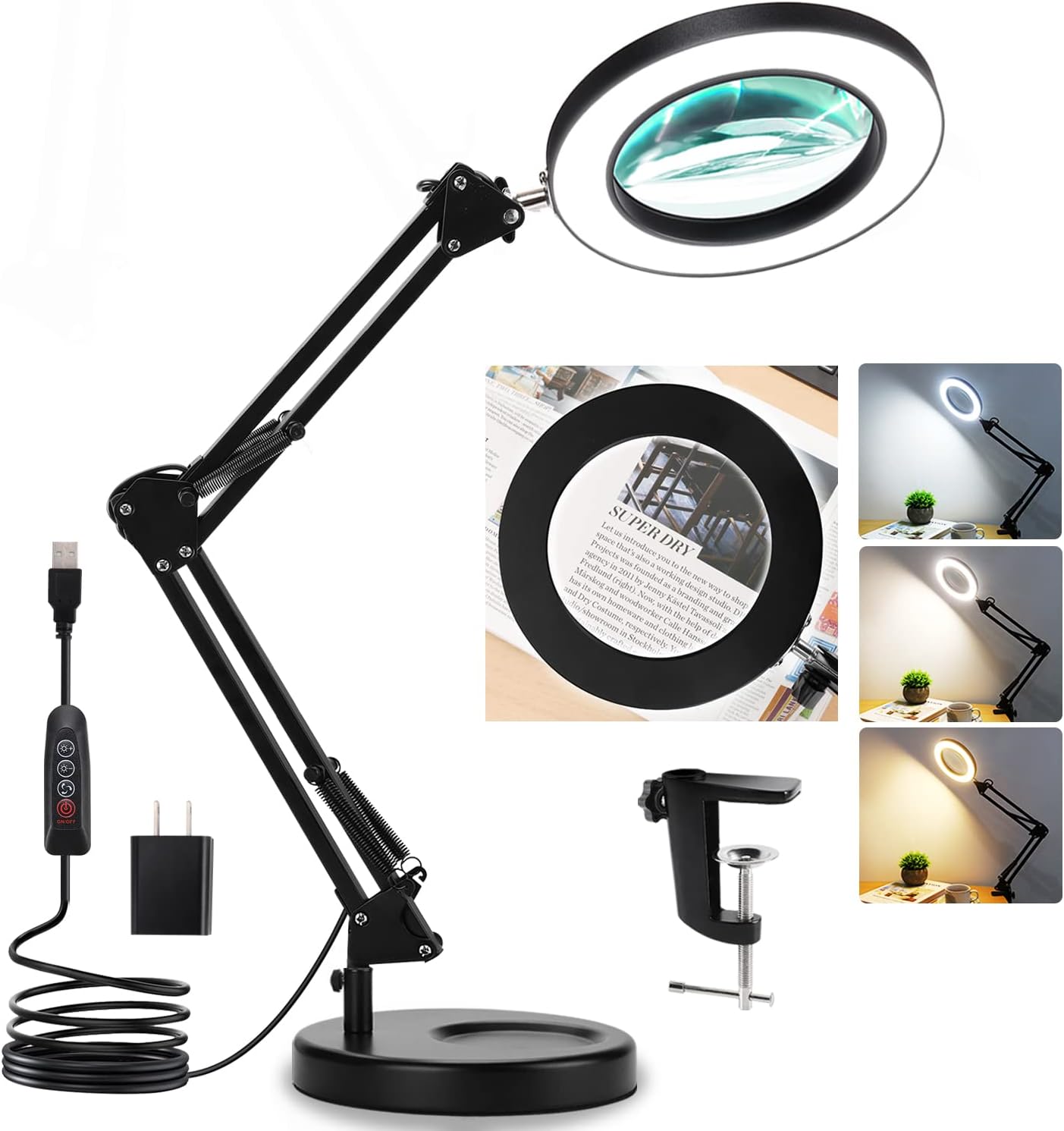 Veemagni Magnifying Glass with Light and Stand,  5X Real Glass 2-in-1 Desk Lamp