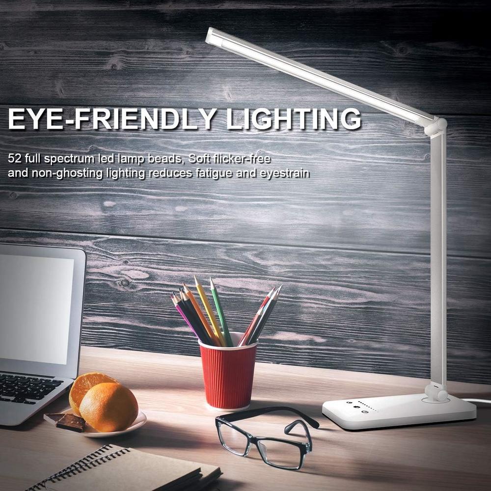 White crown LED Desk Lamp Table Lamp Reading Lamp with USB Charging Port 5 Lighting Modes 5 Brightness Levels, Sensitive Control, 30/60 min