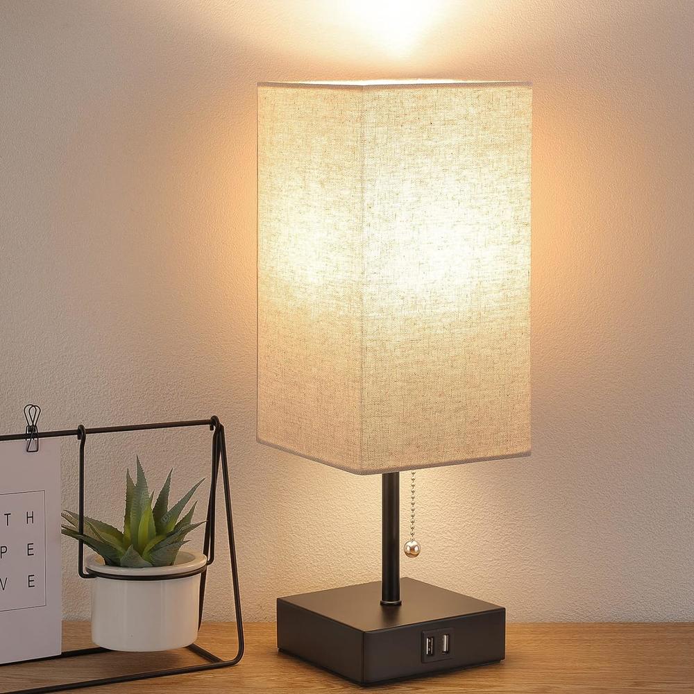 GGOYING Bedside Table Lamp, Pull Chain Table Lamp with 2 USB Charging Ports, 2700K LED Bulb, Fabric Linen Lampshade, Nightstand Lamp fo