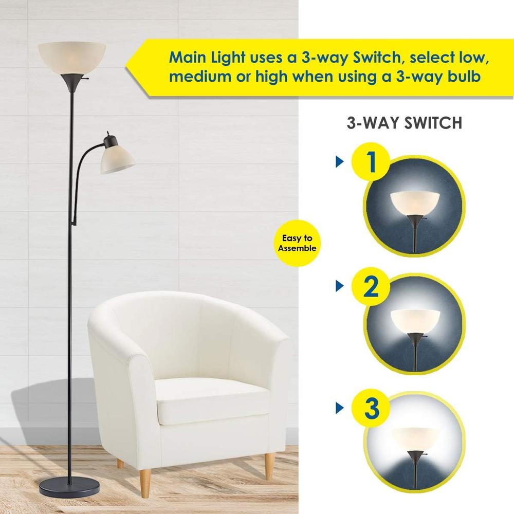 Lightaccents Adjustable Black Floor Lamp with Reading Light  - Susan Modern Standing Lamp for Living Room/Office Lamp 72" Tall - 150-wa