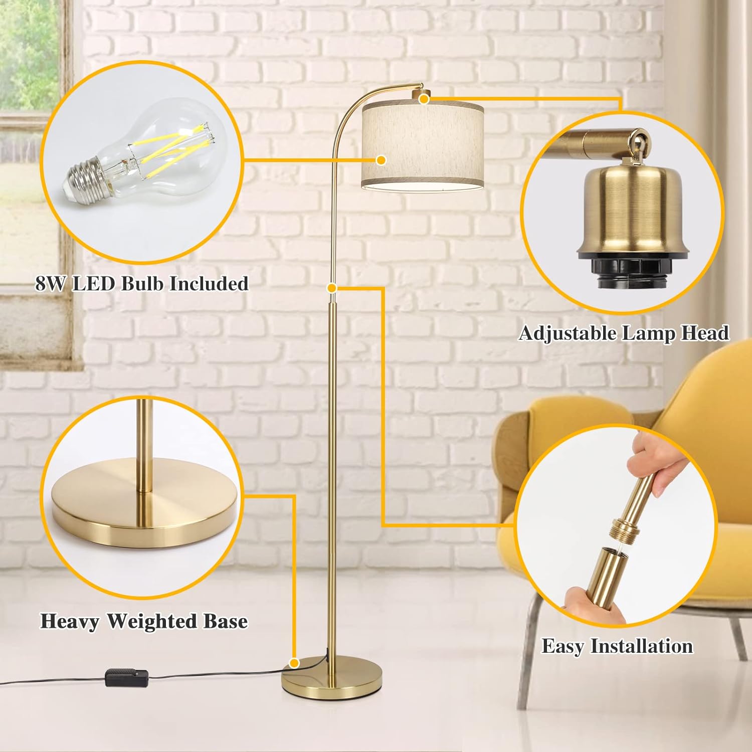 Boncoo LED Floor Lamp Fully Dimmable Modern Standing Lamp Arc Floor Lamp with Adjustable Drum Shade, Golden Tall Pole Reading Lamp Cor